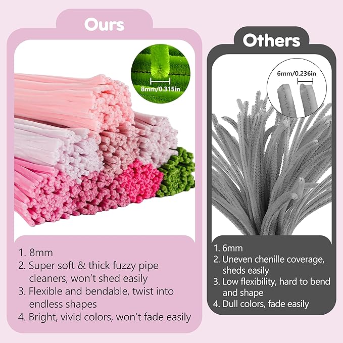 EARLY MINDS 800Pcs Pipe Cleaner Flower Bouquet Kit, 8 Colors Romantic Pink Chenille Stems Craft Making Set with Floral Tape, Flower Stems, Gift Wrap & More, DIY Bouquet Handmade Gifts for Mother
