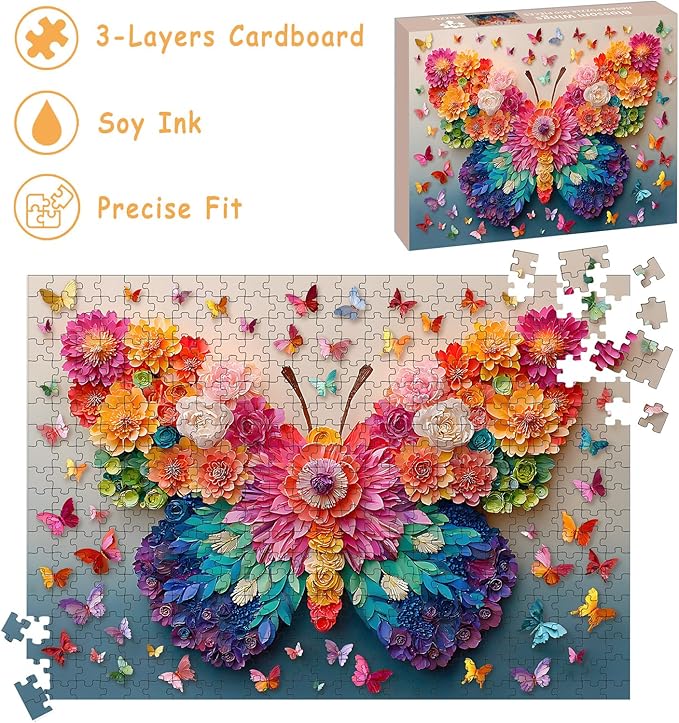 Puzzles for Adults 500 Pieces, Butterfly Jigsaw Puzzles 500 Pieces - Blossom Wings, Flower Art Impossible Puzzle, Finished Size 20.47 * 14.96”, with 1:1 Poster, Letter on The Back
