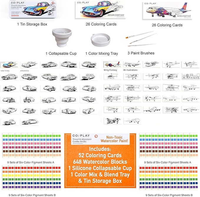 COIPLAY 648 Color Blocks Watercolor Paint Set, 52-Bookmarks, 3 Brushes, Silicone Cup, Travel & Adventure Coloring Books, for All Ages, Travel-Friendly, Easy to Use,All in One Art Supplies Craft kit