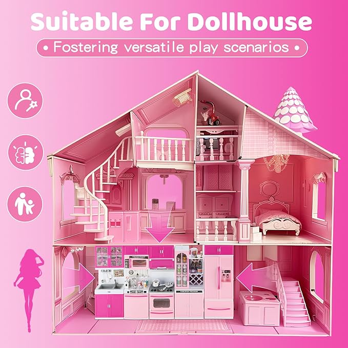 SOCBTNSO 64 PCS Pink Kitchen Toys with Lights Sounds|Mini Kitchen House Furniture Sets for Kids Ages 4-8|Doll Playset Toys for Toddlers 3-5|Birthday Gifts for 3 4 5 6 7 8 Old Girls