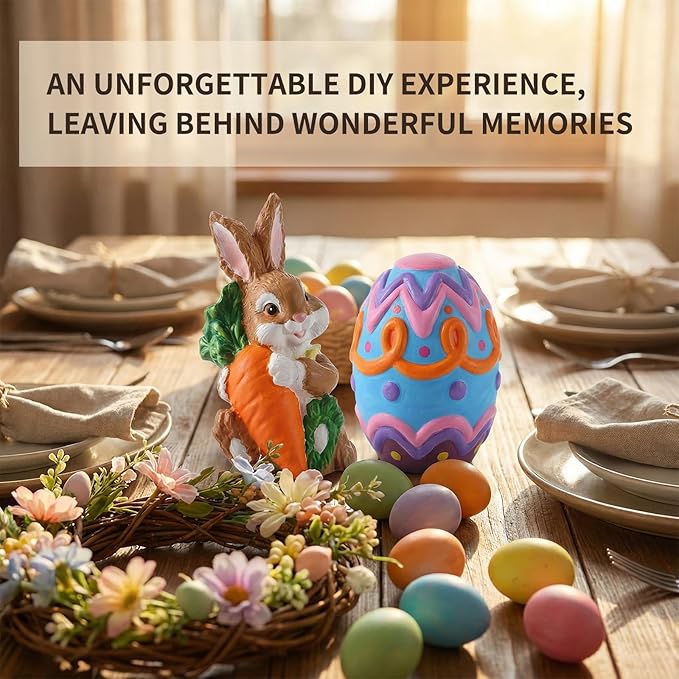 GloomGlo Easter Ceramic Painting Kit - 2PC Bunny Egg Figurines with 6 Colors of Paint, Brushes & Palette, DIY Arts and Crafts Toy for Kids and Adults (2pcs)