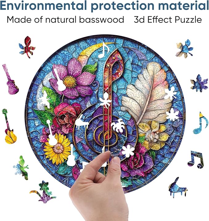Reouinty Wooden Puzzles for Adults 200 Pieces, Flower Guitar Jigsaw Puzzle for Mom, Beautiful Wall Decor, Challenging Puzzle, Unique Shaped Wood Puzzles Piece, Gift for Family Game 11.2x11.2 in