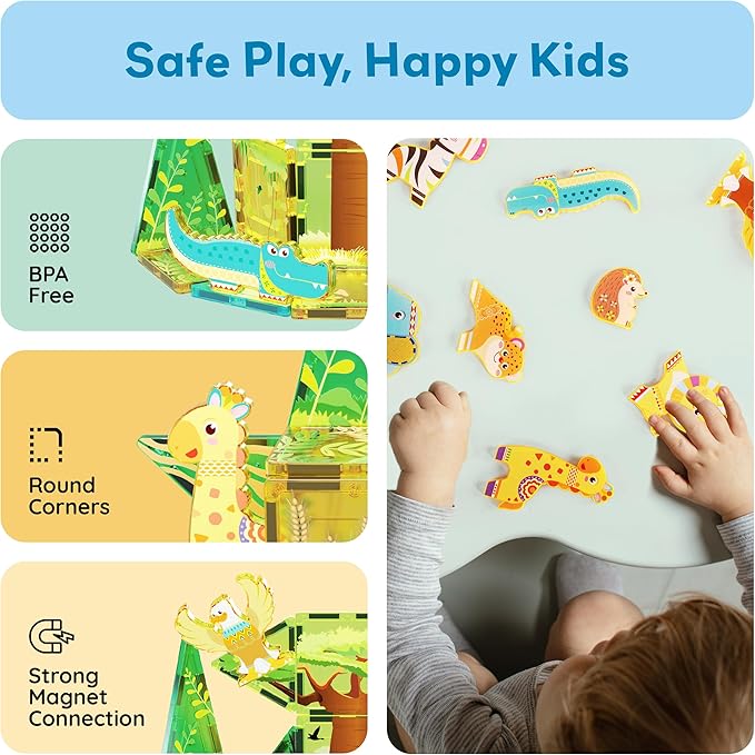 PicassoTiles Magnet Building Blocks 8 Safari Animal Magnetized Action Figures Compatible with Magnetic Assembly Build Tile Toys Accessory Toyset STEAM Educational Learning Girls Boys Ages 3+ PTA22