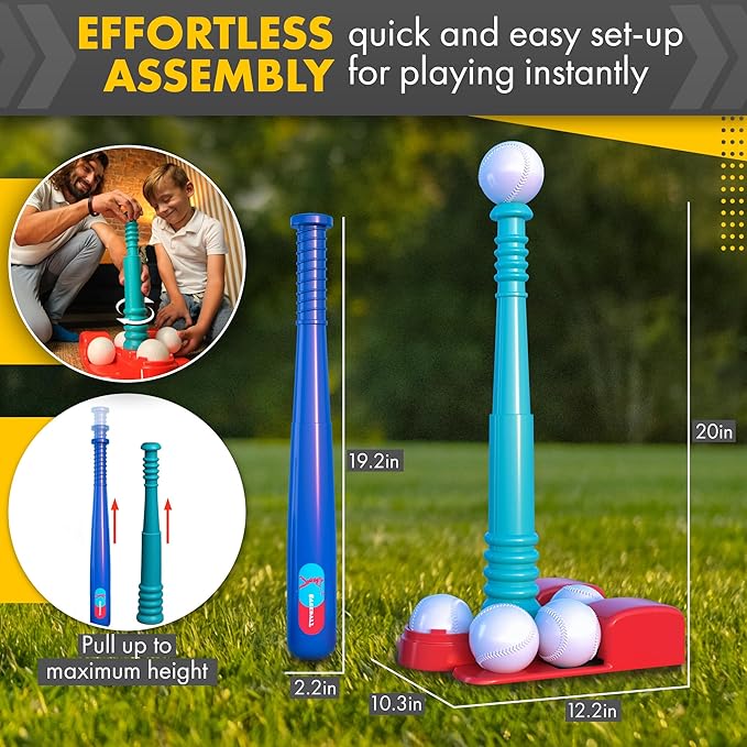 T Ball Stand for Kids and Toddlers 3-5, 5-8. Baseball Set Includes 6 Large Balls, an Adjustable Tball Batting Tee, and a Storage Net. Kids Bat & Teeball, T-Ball Sets for Kids