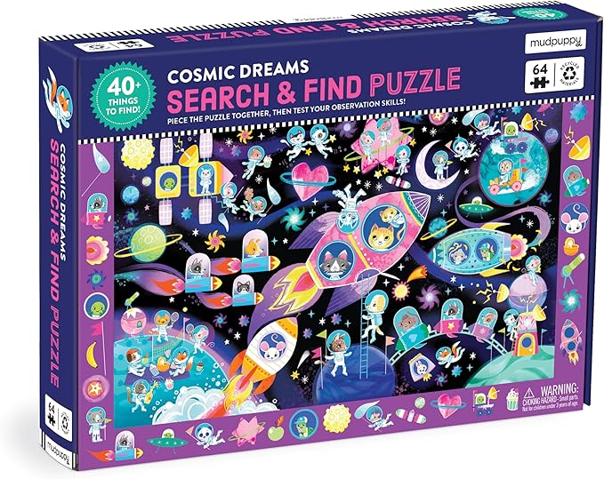 Mudpuppy Cosmic Dreams – 64 Piece Search & Find Jigsaw Puzzle Featuring Cats in A Whimsical Outer Space Wonderland and Over 40 Hidden Images to Find