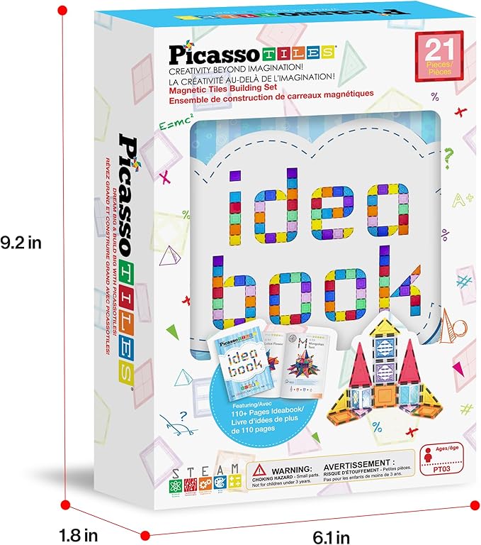 PicassoTiles Magnetic Tiles Magnet Toys Building Blocks Construction Set with 110+ Pages IdeaBook STEM Learning Playset Toddlers Educational Fun Play Kids Boys Girls Sensory Toys Ages 3+ PT03