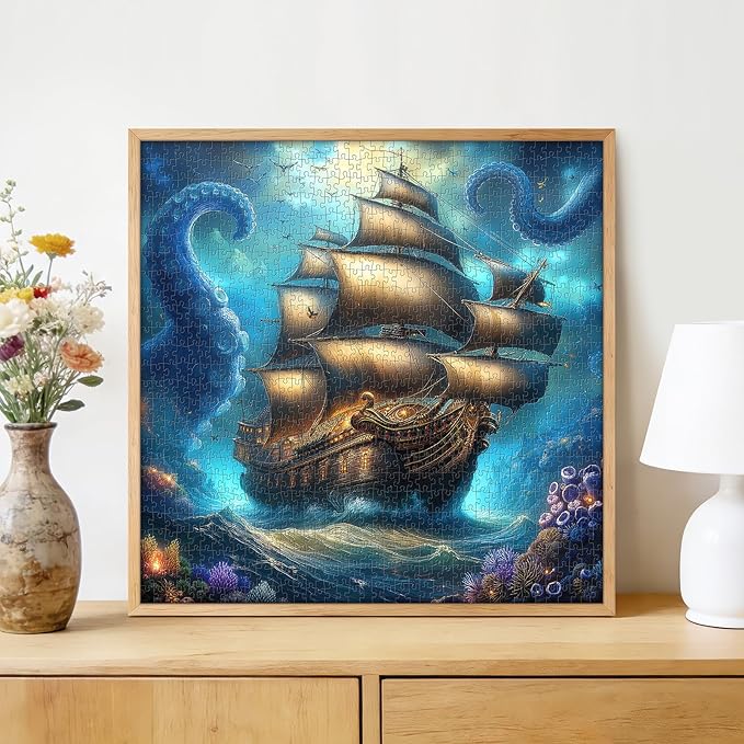 Kraken and Galleon 1000 Piece Puzzle for Adults - Fantasy Nautical Myth Art, Mystical Underwater Scene, Poster & Lettered Back, 22.8" Square HD, Gift for Mythology & Adventure Lovers