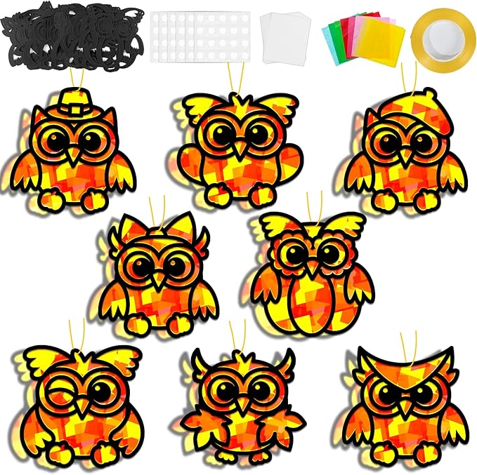 QOUBAI 32 Sets Fall Owl Suncatchers Craft Kit DIY Window Stained Glass Effect Autumn Owl Paper Crafts Home School Classroom Decoration Kid Birthday Gift Creative Art Project Activity Game