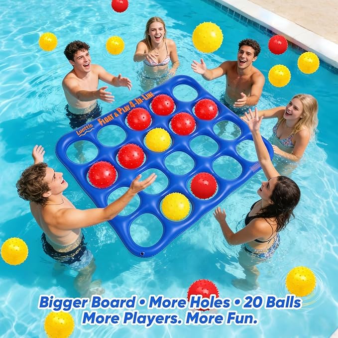 Inflatable 4-in-line Pool Toy Set, Giant Floating 4-in-a-Row Toss Pool Game with 20 Balls for Kids Ages 8–12, Teens & Adults, Summer Pool Party, Pool Tic Tac Toe Game