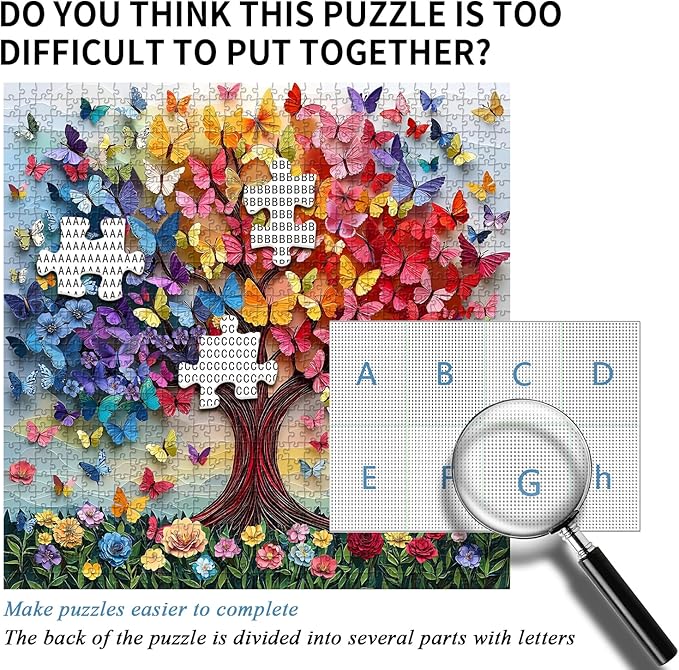 PICKFORU Colorful Butterfly Puzzles for Adults 1000 Pieces, Tree of Life Jigsaw Puzzle Rainbow Floral, Unique Spring Flower Art Theme as Home Decor