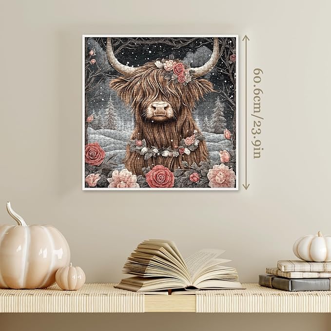 Art Highland Cow Snow Jigsaw Puzzle 1000 Piece for Adult, Animal Flower Plant Winter Jigsaw Puzzles, Difficult Aesthetic Pretty Challenging Puzzle