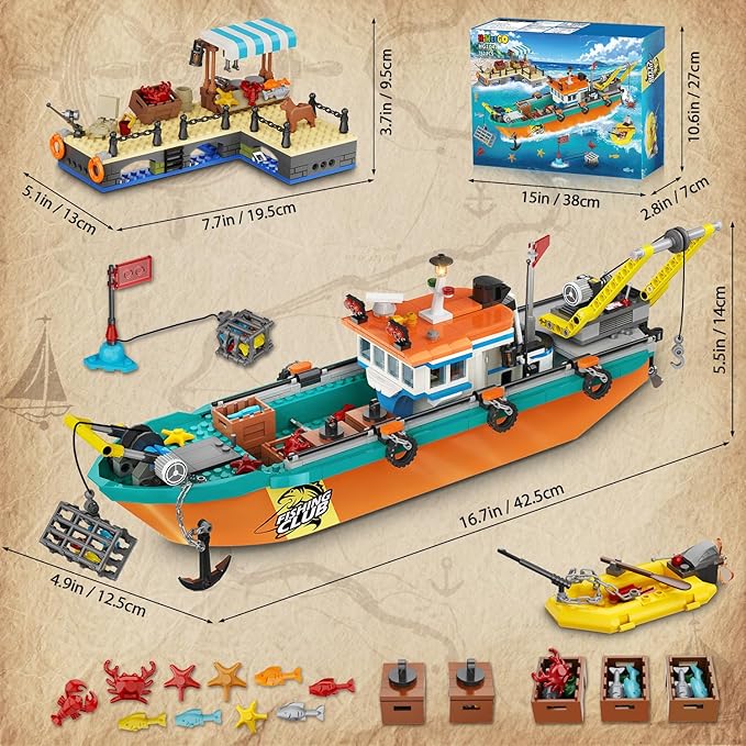 City Fishing Boat Wharf Building Set - Floatable Sea Fishing Ship Building Block Kit with Speedboat Crane Containers Exploration Boats Toy Birthday Gift for Kids Boys Girls 6 7 8 9 10+, 762PCS