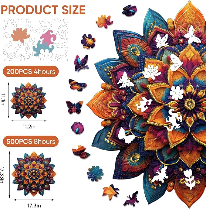 Mys Aurora Purple Mandala Puzzles for Adults, 200 Piece Colorful Flower Jigsaw Puzzles, Unique Shaped Round Wooden Puzzles for Adults and Kids, Fun Challenge for Birthday Gift, 11.2 x 11.2 Inches