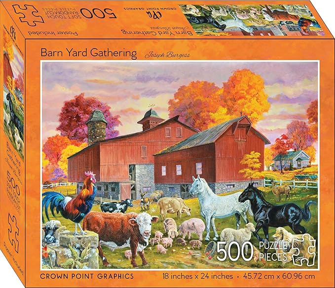 Crown Point Graphics Barn Yard Gathering 500 Piece Puzzle by Joseph Burgess, Soft Touch Farm Animal Country Scene Puzzles, Poster Included
