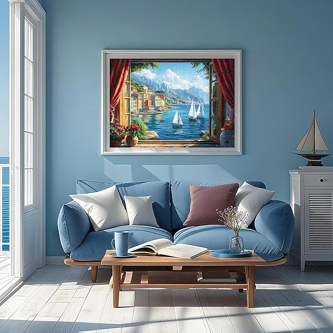 Puzzles for Adults 1000 Pieces, Italy Ocean Coast Seaside Village Window View, 1000 Piece Puzzle for Adults Seniors, Jigsaw Puzzles with Letters on Back,Fun Gifts Decor 1:1 Poster