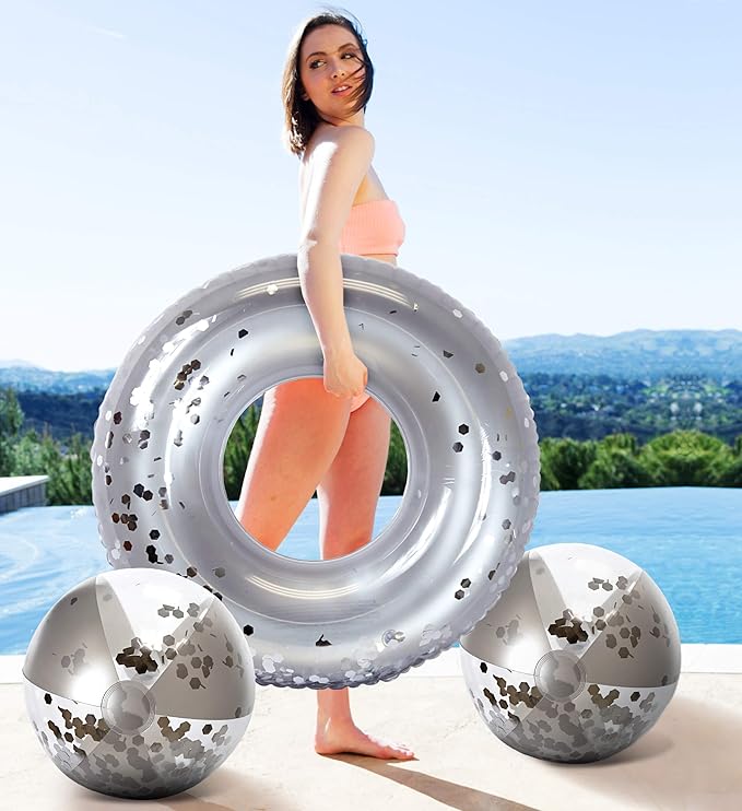 POZA Inflatable Beach Balls - Elegant Glitter Confetti Premium Floaters, Heavy Duty Vinyl Floatation Pool Toys for Pool Beach Party, UV Resistant Pool Décor