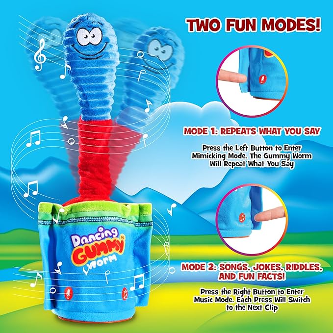 Gagster Dancing Gummy Worm, Interactive Talking & Singing Plush Toy, Lights Up, and Repeats What You Say - Funny Animatronic Toy for Kids, Gag Gift