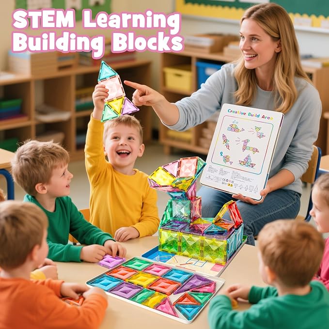 Large Pastel Magnetic Tiles - 48 Pcs Macaron-Colored Glitter Magnetic Blocks with Travel Metal Storage Box - Diamond STEM Toys for Girls Ages 3-8 - Portable Sensory Building Set for Kids
