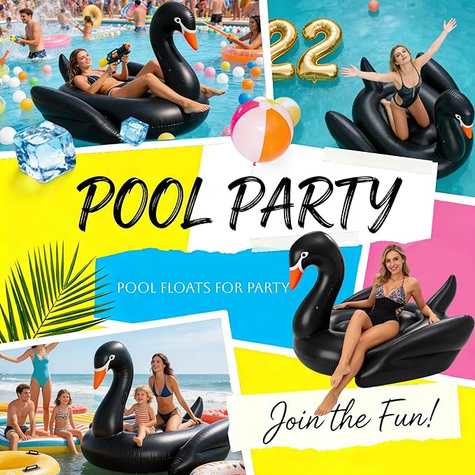 Giant Pool Float Adult Heavy Duty 70" Black Swan Pool Floaties for Adults Swimming Pool Lounger Float Pool Chair Float for Pool Games Beach Party Outdoor Water Play