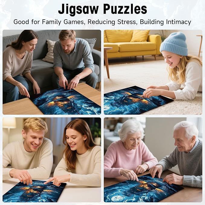500 Piece Puzzles for Adults, Pirate Ship Night Sea Jigsaw Puzzle Full Moon Stormy Ocean Scene, Cardboard Puzzle with Letters on Back for Game Nights & Home Decor, 15×20 Inch