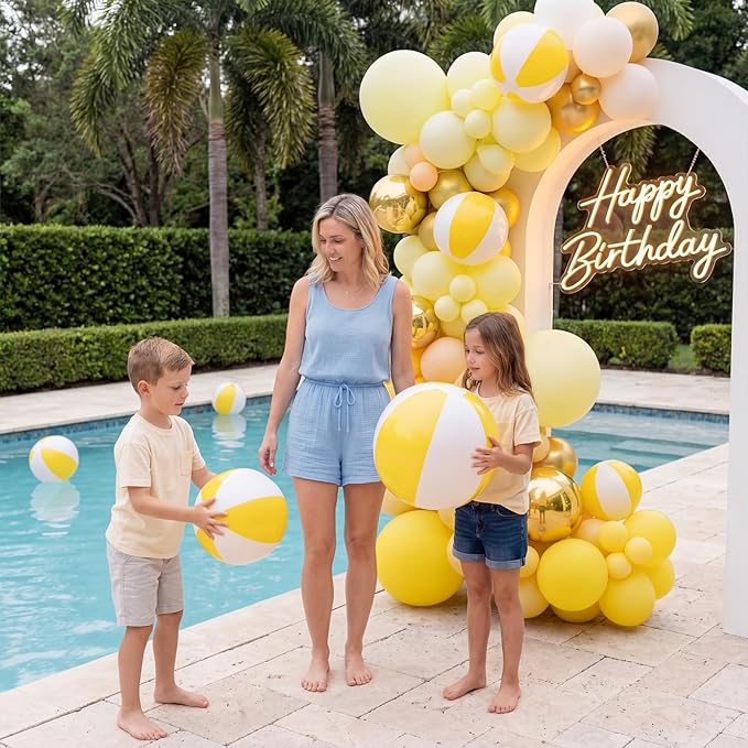 5 Pcs Inflatable Beach Balls 24 & 16 Inch Pastel PVC Large Beach Balls Bulk Blow up Pool Water Game Toy for Kid Adult Birthday Luau Summer Pool Party Favors Decorations(Yellow)