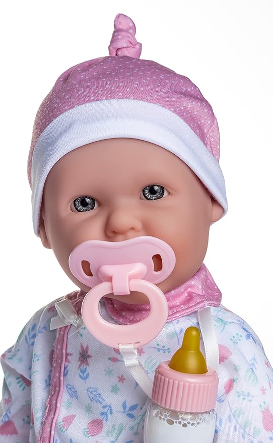 JC Toys La Baby Caucasian 16-inch Small Soft Body Baby Doll La Baby | Washable |Removable Pink Floral Outfit w/Hat, Pacifier & Magic Bottle | for Children 12 Months +
