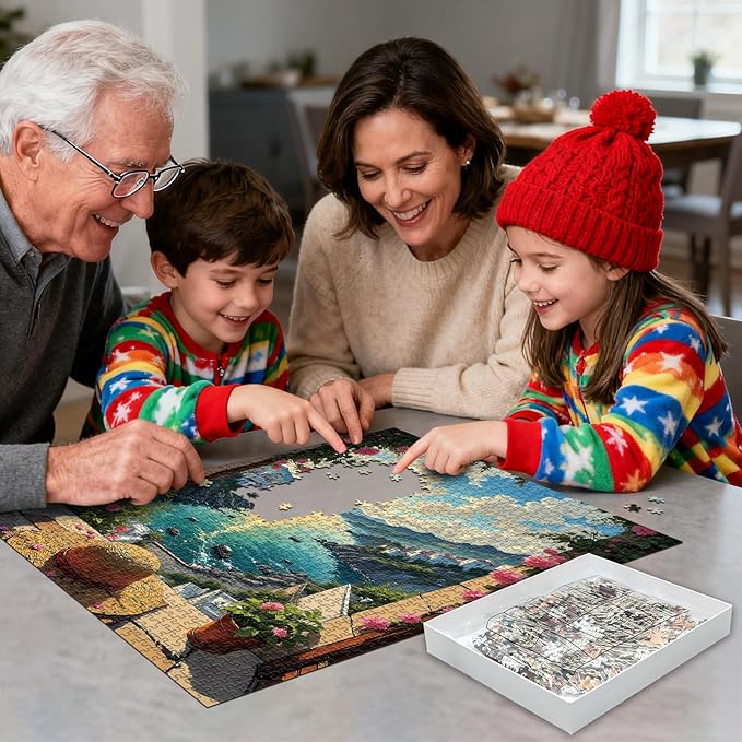 1000 Piece Puzzle for Adults Coastal Village Sunset View Jigsaw Puzzles with Letters on Back Family Impossible Challenging Puzzle Gift for Valentine Friends Parents(27.56x19.7 Inch)
