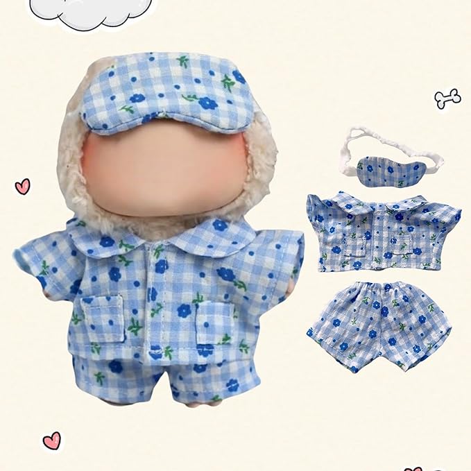 15cm/17cm Doll Outfit Suitable for Labubu Clothes –Stylish Adorable Dolls Accessories for Dressing Up (No Doll Included) (B-Blue Floral Pajamas 3-Set)