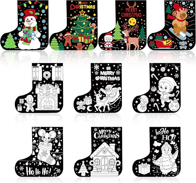 Zhanmai 30 Pcs Color Your Own Christmas Crafts Stockings Posters Bulk Painting Crafts DIY Your Own Santa Claus Snowman Stockings Poster for Xmas Party Holiday Activities