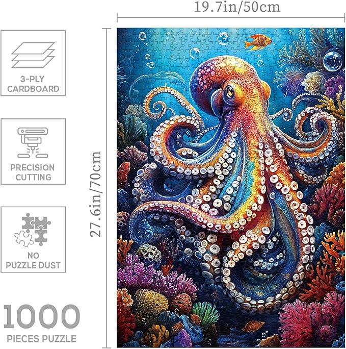 Ocean Octopus Magic Puzzle 1000 Pieces for Adults, Nature Colorful Sea Coral Jigsaw Puzzle, Under The Sea Animal Art Puzzle