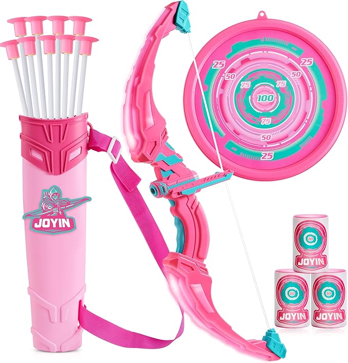 JOYIN Pink Bow and Arrow Set for Girls, LED Light Up Archery Toy Set with 9 Suction Cup Arrows, Target & Arrow Case, Christmas Indoor Outdoor Activity Toy for Kids Girls Ages 3-12