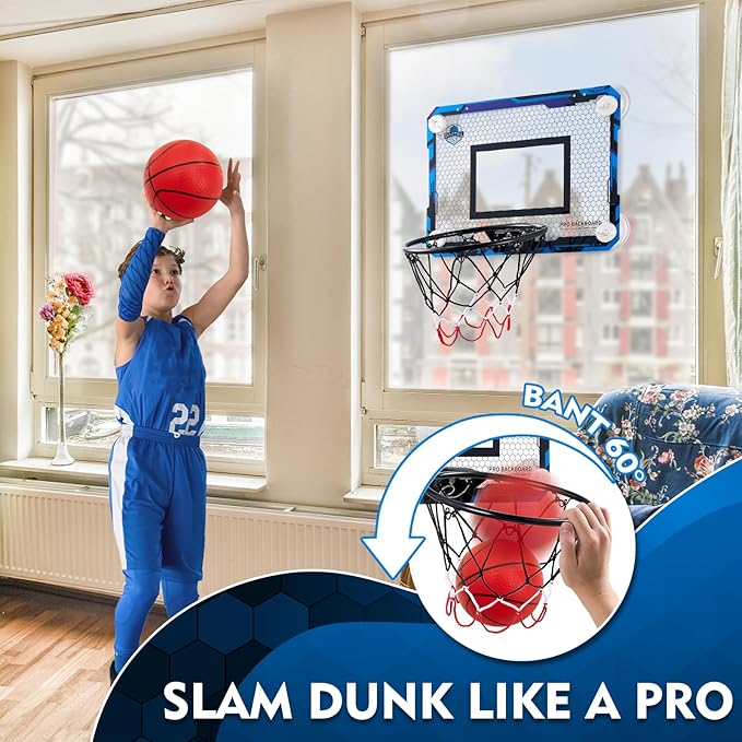 BOHEN Indoor Mini Basketball Hoops with Powerful Suction Cup, Stick to Windows, Wooden Doors, Smooth Walls - Basketball Backboard Indoor Bedroom Office for Kids Teens Adults