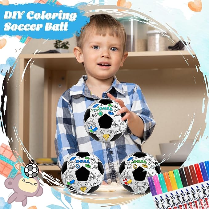 4 Pack Size 2 Color Your Own Soccer Ball Black DIY Custom Soccer Ball Craft Kit with Pump 12 Markers Personalized Youth Toddler Training Soccer Ball Paint Your Own Toy Creative
