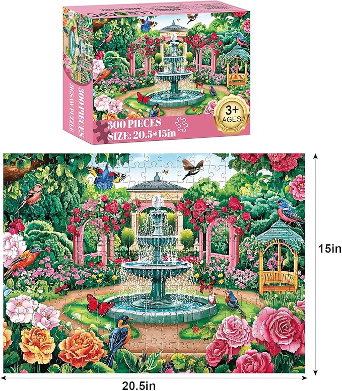 300 Piece Puzzle for Adults,Enchanting Garden Puzzle for Adults Kids Elderly,Large Piece Flower Bird Puzzles for Kids Age 8-10 10-12,Challenging Animals Jigsaw Puzzle,Family Game Great Gift 20.5x15in