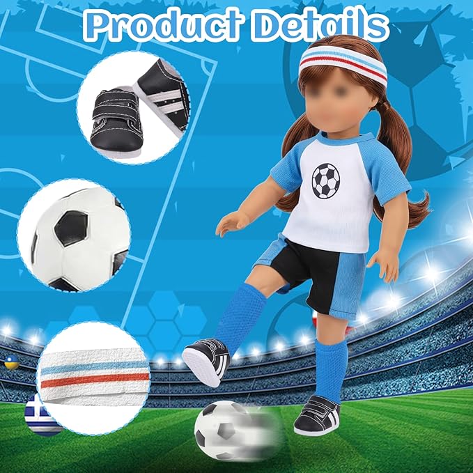 18 inch Doll Clothes, Soccer Uniform Doll Outfit & Accessories Set, Includes Shirt Shorts Socks Headband Shoes Football Key Ring, Sport Doll Clothes Fits 18" Dolls