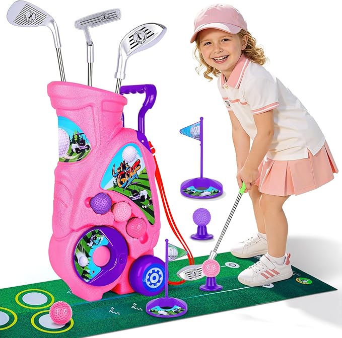 Toddler Golf Set with Shoulder Strap for Kids Ages 2-5, Portable Golf Clubs, Cart & Putting Mat - Indoor Outdoor Sports Toys -Pink