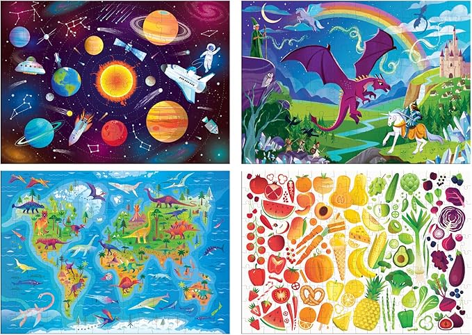 Chuckle & Roar - Preschool Multi Pack 100 and 200 Piece XXL Jigsaw Set Space Map Fantasy Food Themes Colorful Puzzle Gift for Kids Ages 6+