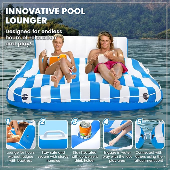 Inflatable Pool Lounger Float for Adults, Large Pool Floats Chair Lounge with Handles and Cup Phone Holder, Water Float Tanning Pool Party Toys for Outdoor, Beach, Swimming Pool, Lake, River