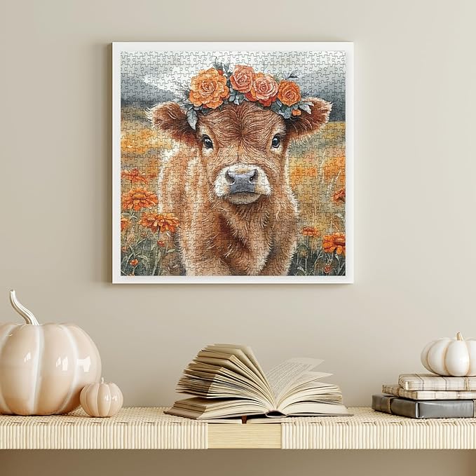 Funny Highland Cow Flower Puzzles for Adults 1000 Pieces, Beautiful Alpine Cattle Animal Painting Jigsaw Puzzle, Difficult Impossible Art Puzzles
