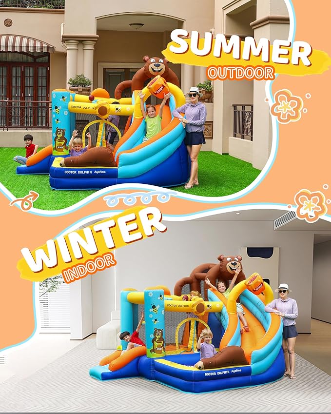 Inflatable Bounce House, Double Slide Bounce House for Big Kids, 6 in 1 Bear Jumping Castle with 450 Blower, Air Cushion, Ball Pit, Climbing Wall, Basketball Hoop