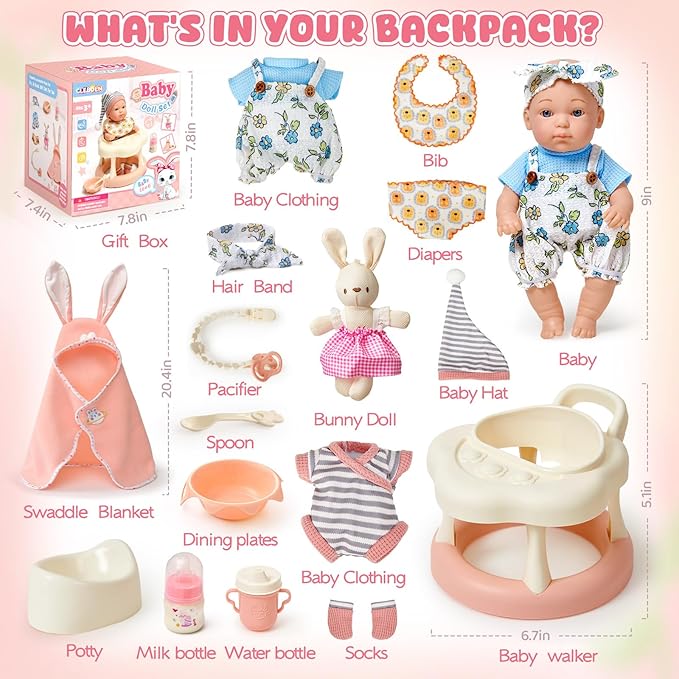 Cleboen Baby Doll Accessories Set for Girls, 9'' Baby Doll with 2 Sets Clothes Doll Walker Chair Feeding Bottle Pacifier Diaper Blanket, Realistic Pretend Play Toys Toddler Girl Birthday Gifts 3 4 5 6