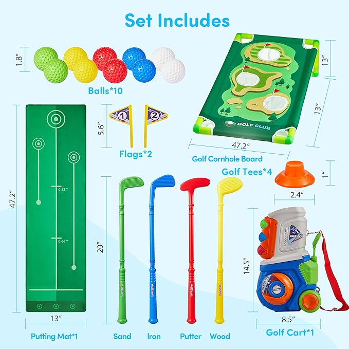 PJG Toddler Golf Set, Plastic Kids Golf Clubs Ages 1 2 3 4 5 Years Old with 4 Golf Clubs and 10 Balls, Indoor and Outdoor Golf Toys with Cart for Boys Girls Birthday Gift (Blue with mat and Cornhole)