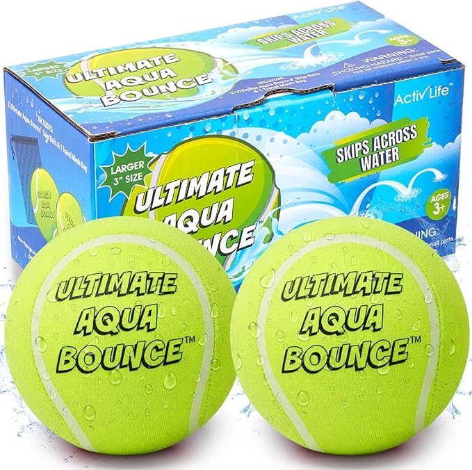 Activ Life Ultimate 2 Pack Larger 3” Water Skip Balls - Bouncing Balls for Swimming Pool & Beach Fun - Designs Include Baseball, Basketball, Volleyball, and Tennis for Kids, Friends, and Family