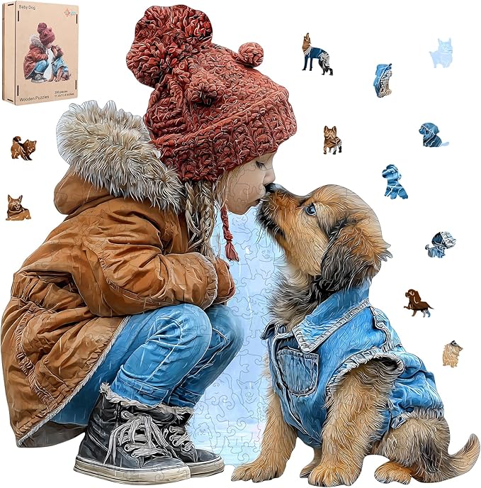 MEATRN Wooden Puzzles for Adults - Little Girl Kissing Puppy, 509 Pcs, 16.8x17 in, Cute Animal Wood Jigsaw Puzzle, Heartwarming Parent-Child Game, Birthday Gift for Kids Home Décor