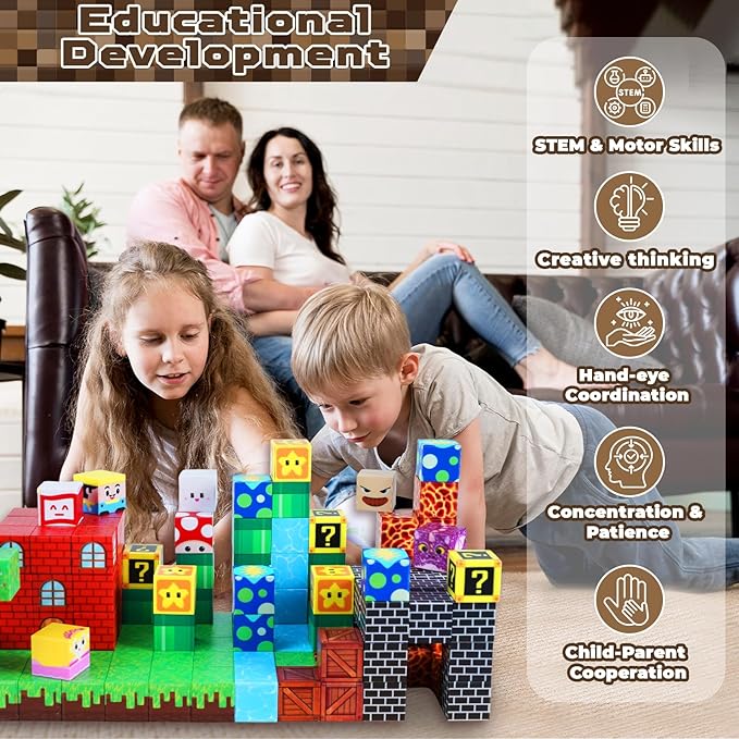 Magnetic Blocks-150 PCS Build Adventure Game Castle World Set - Magnetic Building Cubes Stacking, STEM Montessori Sensory Toys for Kids Boys Girls Ages 3+ Easter Birthday Gifts