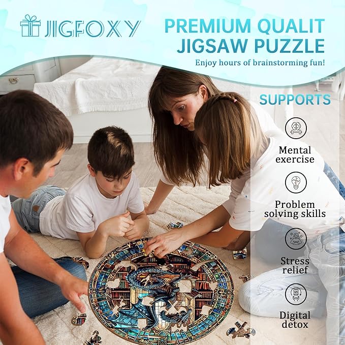 Jigfoxy Wooden Puzzles for Adults, Dragon's Library Wood Puzzles Adult, Unique Animal-Shaped Wooden Jigsaw Puzzles, Christmas Thanksgiving Gifts for Family and Friends (S-8.5 * 8.5in-100pcs)