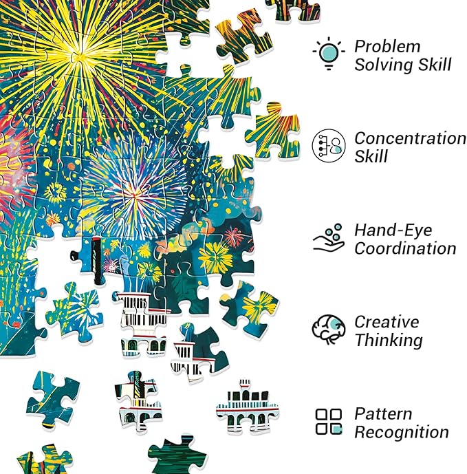 300 Piece Puzzle for Adults, Fireworks Celebration Jigsaw Puzzles, Blossoming Florals and Boats 300 Piece Adult Puzzle with Letters on Back Premium Cardboard Puzzle, Gift for Family, 20.5×15 in