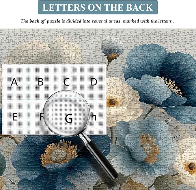 Elegant Flower Puzzles for Adults 1000 Pieces, Vintage Blue White Floral Jigsaw Puzzle, Flower Artistic Puzzle Challenge for Adults Art, Elegant Home Decor