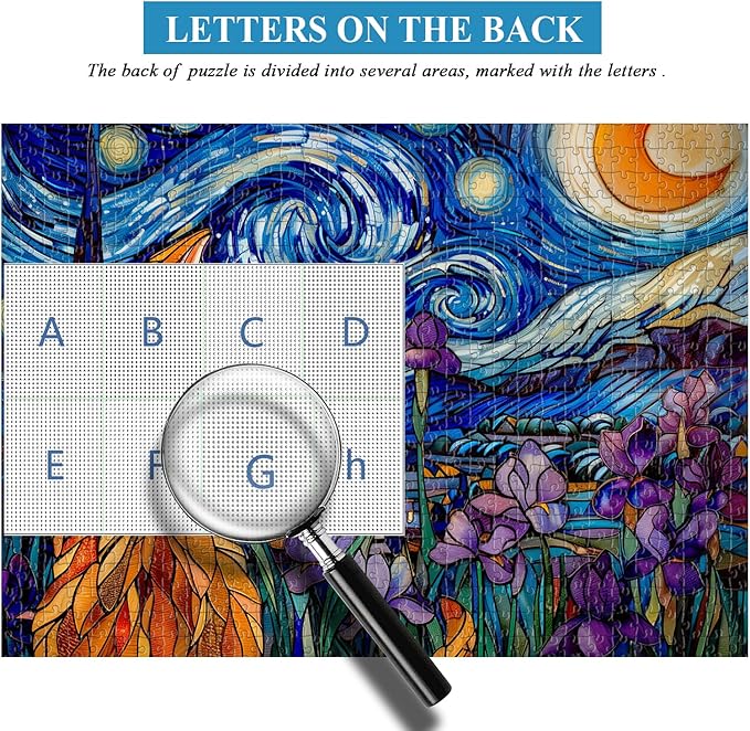 PICKFORU Stained Glass Puzzles: 1000 Pieces, Adults' Cat Lovers' Jigsaw Puzzle - Purple Iris Flowers, Starry Night, Moonlit Cat Flower