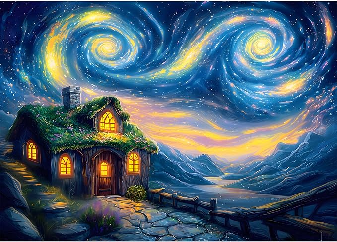 Puzzles for Adults 500 Pieces, Starry Night Jigsaw Puzzles 500 Pieces - Starry Cottage, Cottage Landscape Puzzles, Finished Size 20.47 * 14.96”, with 1:1 Poster, Letter on The Back